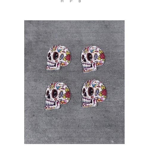 Lot de 4 boutons en bois en forme de crâne "calavera"