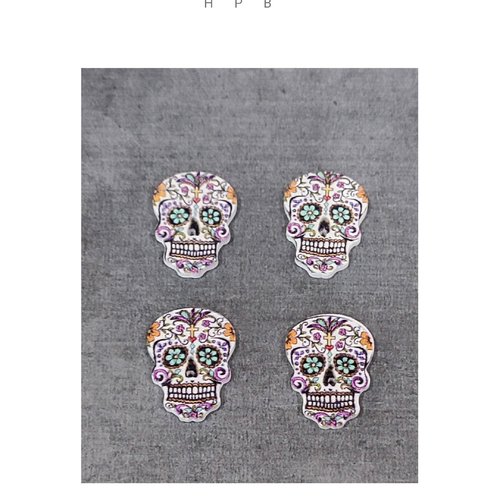 Lot de 4 boutons en bois en forme de crâne "calavera"