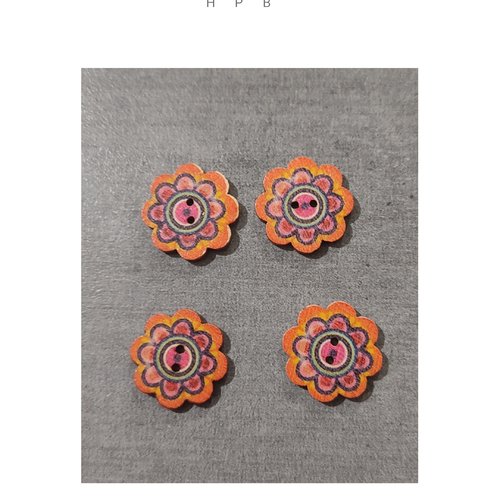 Lot de 4 boutons en bois motif fleurs