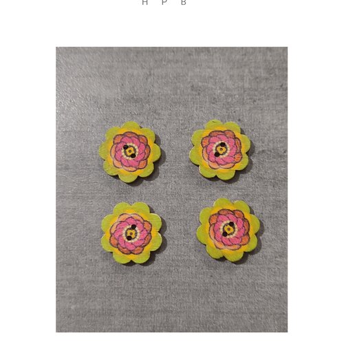 Lot de 4 boutons en bois motif fleurs