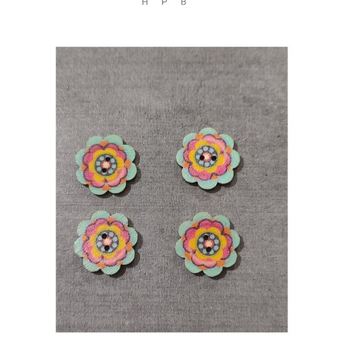 Lot de 4 boutons en bois motif fleurs
