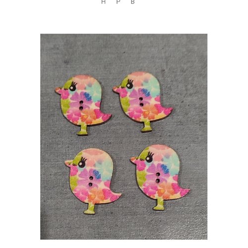 Lot de 4 boutons en bois oiseaux