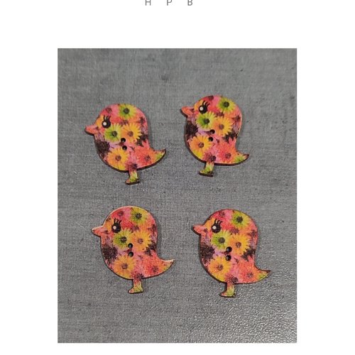 Lot de 4 boutons en bois oiseaux