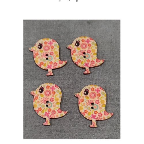 Lot de 4 boutons en bois oiseaux