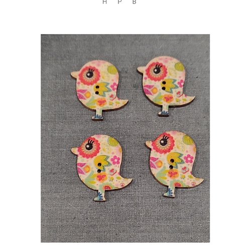 Lot de 4 boutons en bois oiseaux