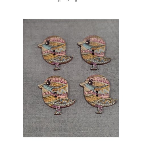 Lot de 4 boutons en bois oiseaux