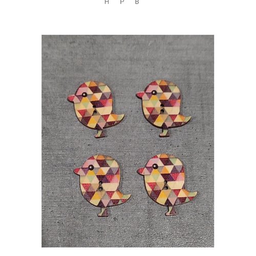 Lot de 4 boutons en bois oiseaux