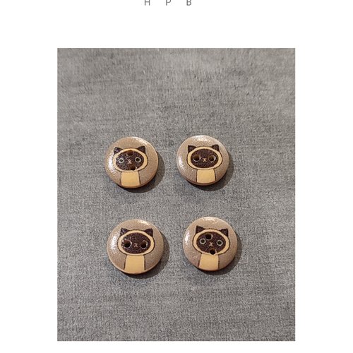 Lot de 4 boutons en bois motif chat