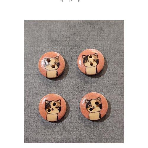 Lot de 4 boutons en bois motif chat