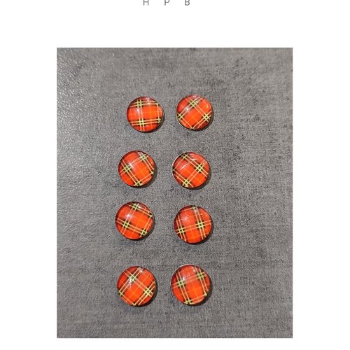 Lot de 8 cabochons en verre ronds motif tartan