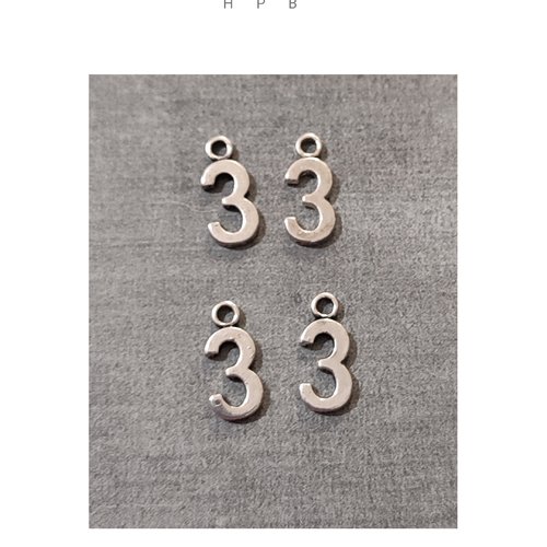 Lot de 4 breloques chiffre 3 en métal argenté