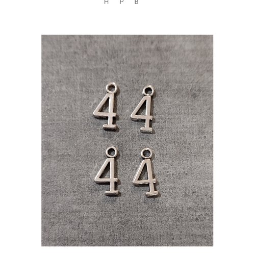 Lot de 4 breloques chiffre 4 en métal argenté