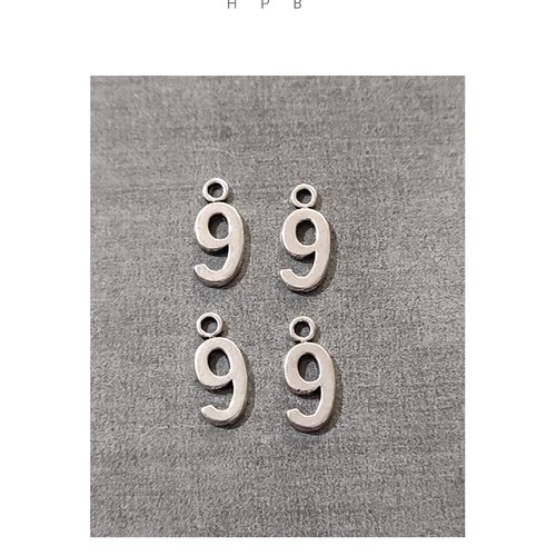 Lot de 4 breloques chiffre 9 en métal argenté