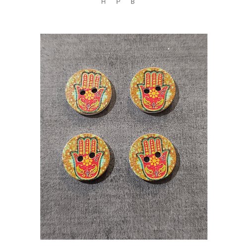 Lot de 4 boutons en bois motif main de fatma