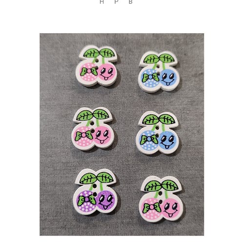 Assortiment  de 6 boutons en bois en forme de cerises