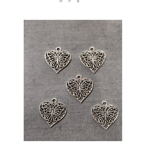 Lot de 5 breloques coeur et papillon en métal argenté