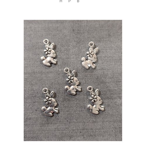 Lot de 5 breloques lapin en métal argenté