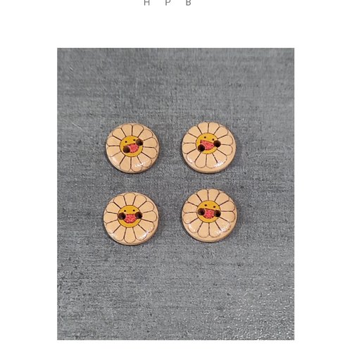 Lot de 4 boutons en bois motif fleurs