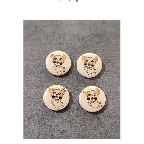 Lot de 4 boutons en bois motif chien