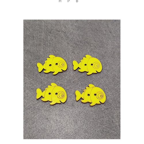 Lot de 4 boutons en bois en forme de poisson jaune fluo