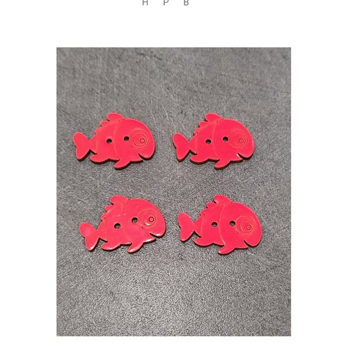 Lot de 4 boutons en bois en forme de poisson orange fluo