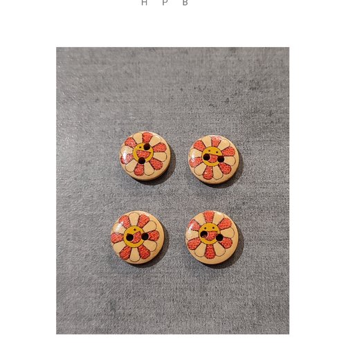 Lot de 4 boutons en bois motif fleurs
