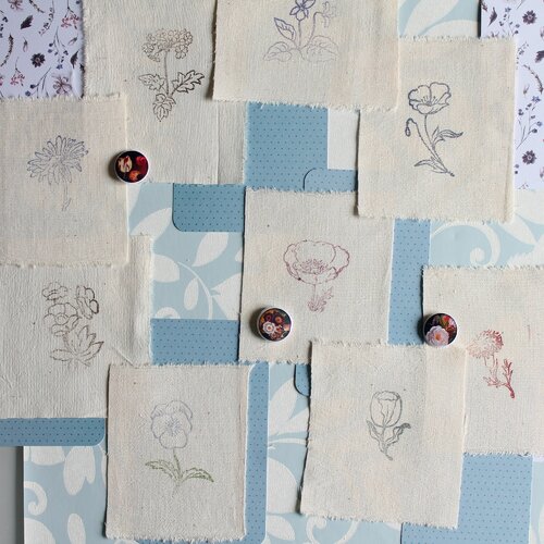 9 en lin tamponnée de fleurs anciennes à broder, patchwork