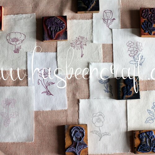 9 en lin tamponnée de fleurs anciennes à broder, patchwork