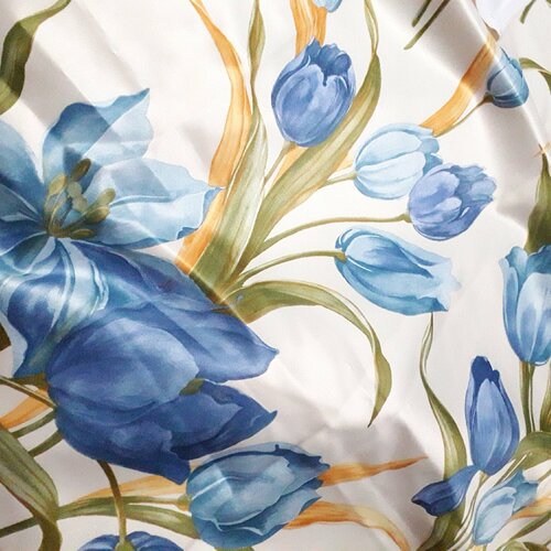 Tissu d'ameublement français fleuri de tulipes bleues sur fond beige, 3040