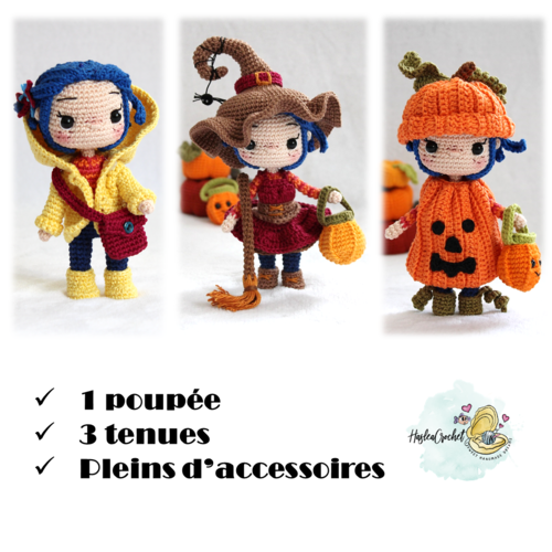 Patron tutoriel de la poupée "coraline se déguise pour halloween" 3 en 1
