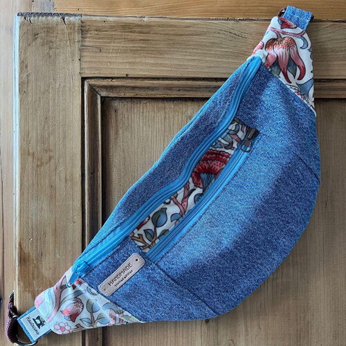Sac banane 2 poches à  bandoulière , art nouveau , adulte femme , tissus jean clair et velours lisse à motif floral taille l