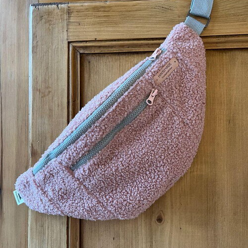 Sac banane 2 poches à bandoulière , dinard , adulte femme , tissu bouclette vieux rose , taille l , pièce unique