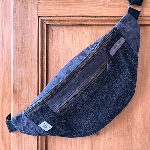 Sac banane 2 poches à bandoulière , quiberon , adulte femme , tissus jean et toile léopard teintes gris noir , taille l , pièce unique