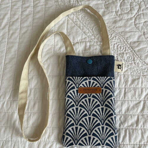 Sac pochette sacoche à bandoulière, quiberon, tissu jean bleu + tissu éventail bleu, écru et argent pour téléphone portable 12