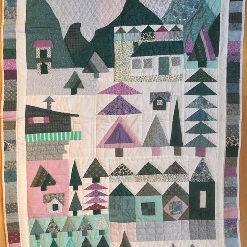 Panneau tableau mural  décoratif en tissu quilt patchwork ambiance montagne sapins chalet 87 cm x 132 cm neuf