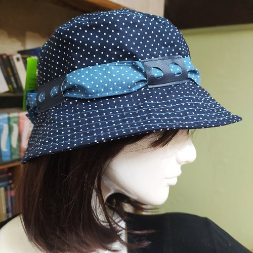 Chapeau de pluie petits pois marine et bleu ciel