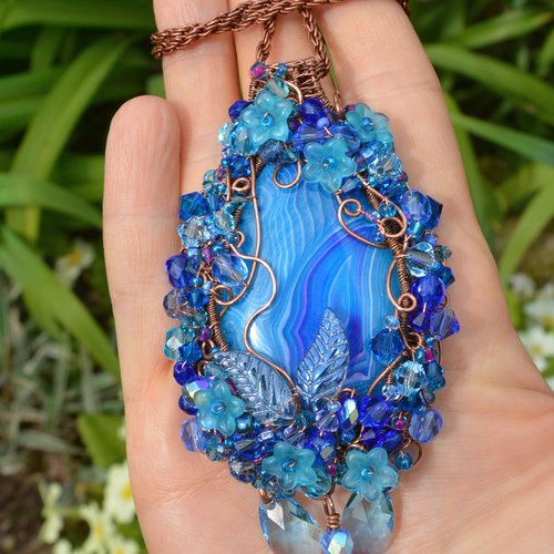 Collier sirène - pendentif cristal bleu et cuivre, avec cristaux swarovski  et feuilles - bijoux féerique