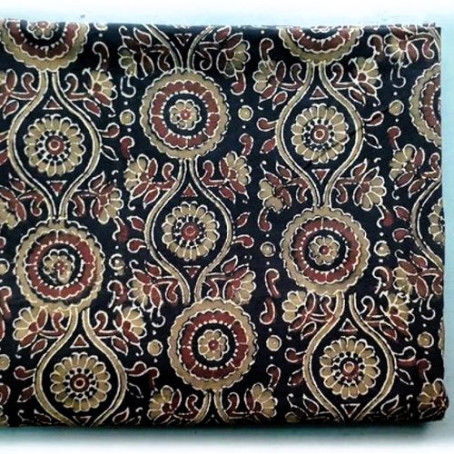 Coupon tissu indien 38 x 110 cm de largeur motifs imprimés à la main block print/noir/bronze/kaki/écru/marron/inde/fleurs/cercles/ajrakh