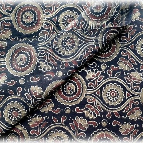 Coupon tissu indien 38 x 110 cm de largeur motifs imprimés à la main block print/noir/bronze/kaki/écru/marron/inde/fleurs/cercles/ajrakh