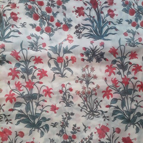Tissu indien à la coupe 140 cm de largeur voile de coton indien imprimé/sérigraphié à la main inde fleurs champêtre ecru gris rouge