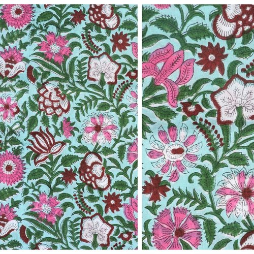Coupon tissu indien 95 x 110 cm coton inde block print imprimé à la main fleurs turquoise rose vert rouge