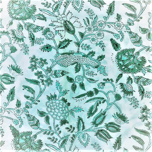 Tissu indien à la coupe 110 cm de largeur coton inde imprimé à la main block print coton fleurs indiennes blanc vert d'eau kaki