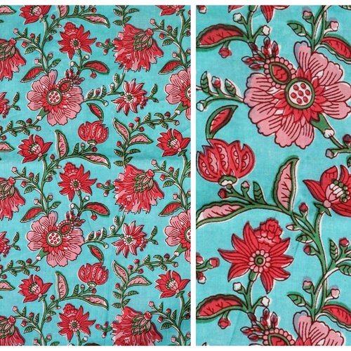 Coupon tissu 48x110 cm de largeur coton inde imprimé à la main block print coton fleurs indiennes corail turquoise rose