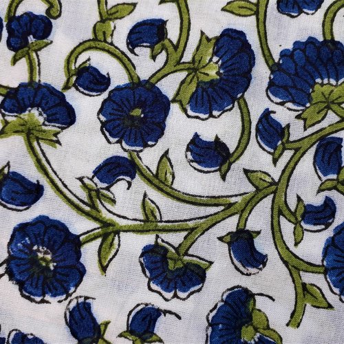 Tissu indien à la coupe 110 cm de largeur coton inde imprimé à la main block print coton fleurs indiennes blanc bleu marine vert lime