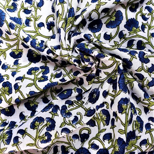 Coupon tissu indien 40 x 110 cm coton inde imprimé à la main block print  blanc bleu marine vert lime