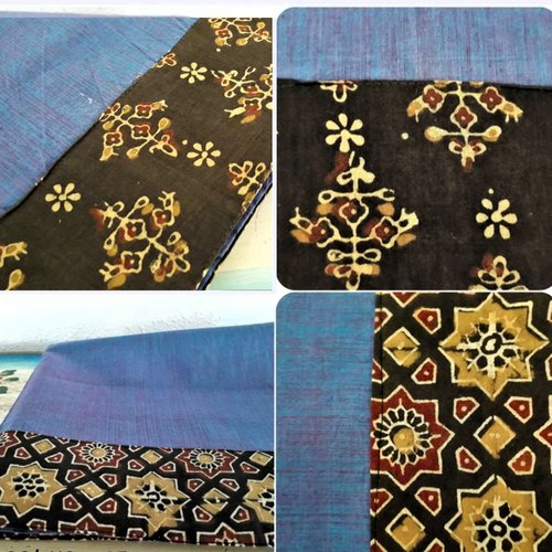 Coupon tissu indien 110x105cm/110x95cm coton inde imprimé à la main block print fleurs coton bleu noir beige ocre rouge ajrakh