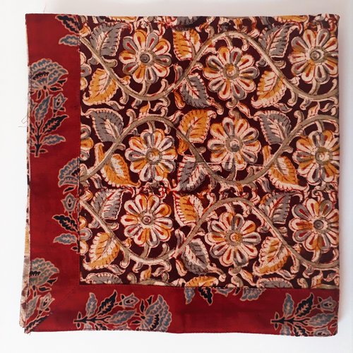 Tissu/coupon indien 50x50cm block print fat quarter fleurs inde ecru bleu jaune gris marron