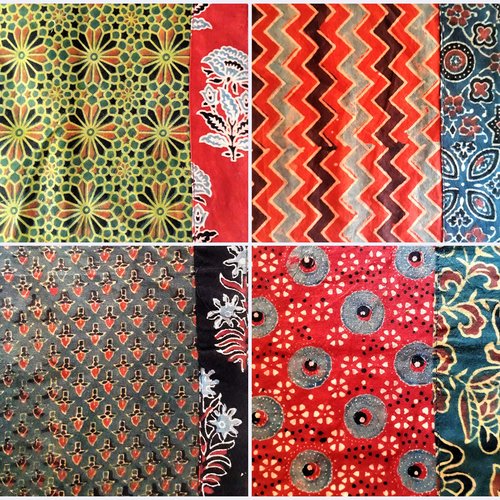 Tissu/coupon indien 50x50cm block print fat quarter rouge vert noir bleu fleurs inde