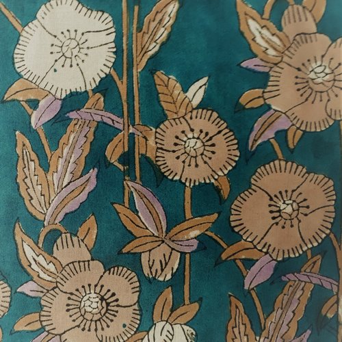 Tissu indien à la coupe 110 cm de largeur coton inde imprimé à la main block print coton fleurs coquelicot vert canard beige lilas