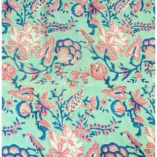 Tissu indien à la coupe 110 cm de largeur coton inde imprimé à la main block print coton fleurs bleu ciel rose pastel bleu paon